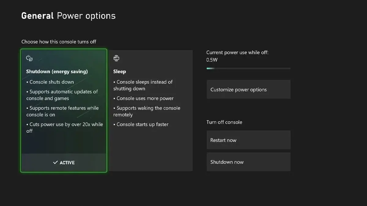 xbox power options