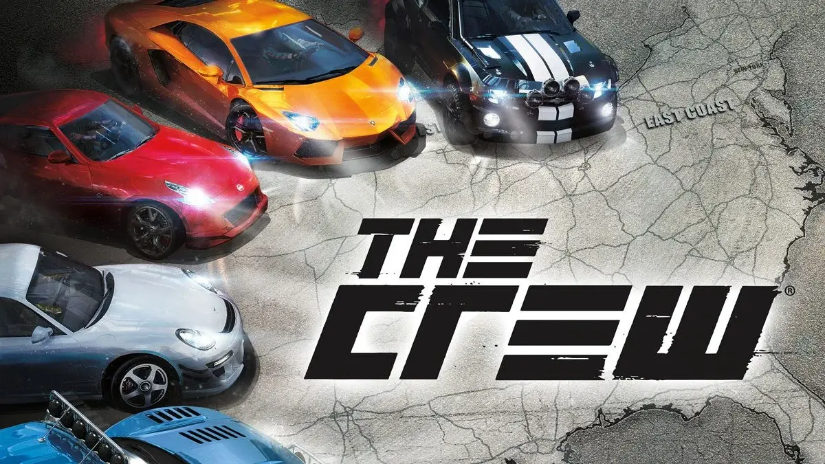 The Crew Logo, surrounded by five different cars of various types and colours.