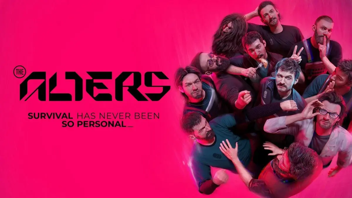 An image of The Alters logo on the left, and various versions of protagonist Jan on the right.