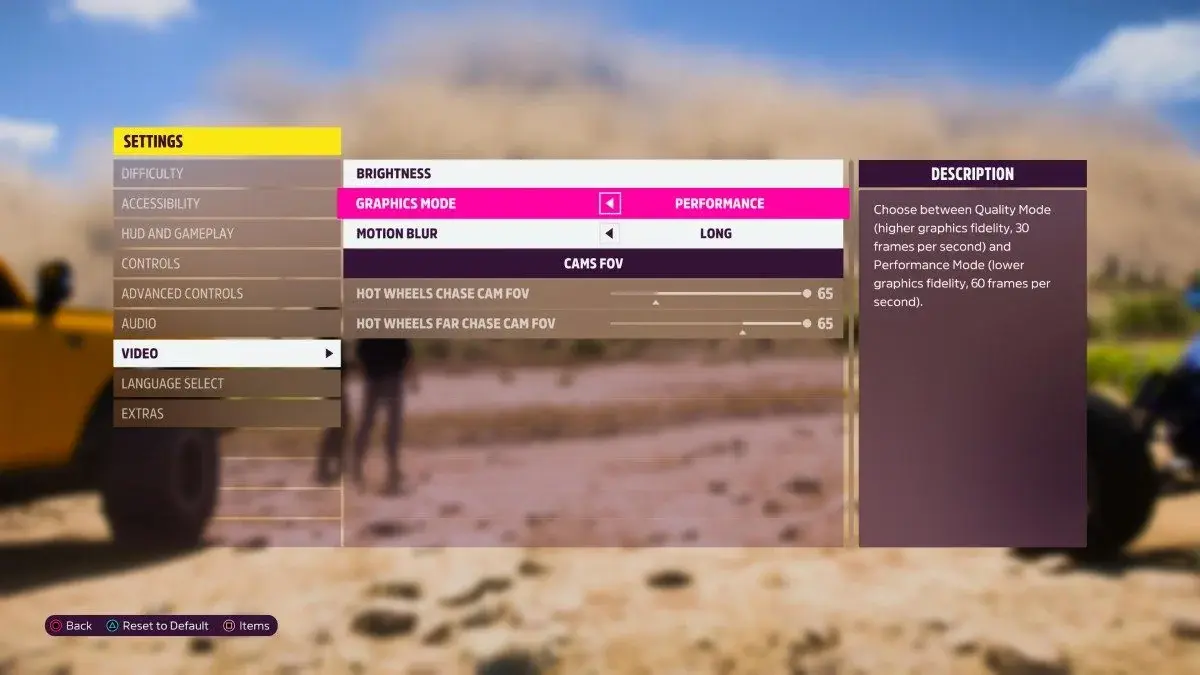The Forza Horizon video setting screen on PS5 Pro.