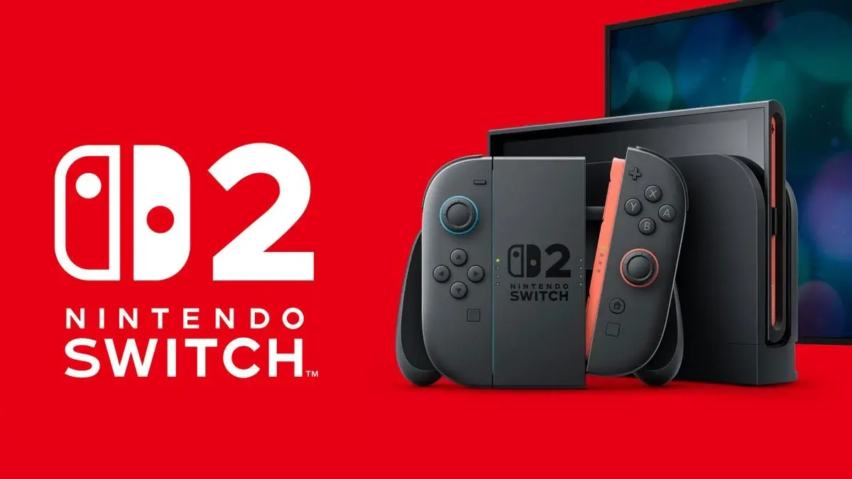 A Nintendo Switch 2, two Joy-Cons docked in a controller base, a TV behind the console, and the Nintendo Switch 2 logo to the left of the console.