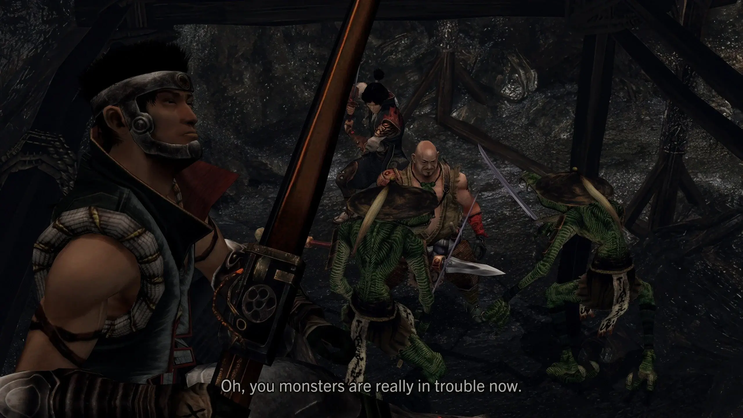 A group of your friends preparing to fight crocodile enemies in Onimusha 2 Samurai's Destiny remaster.