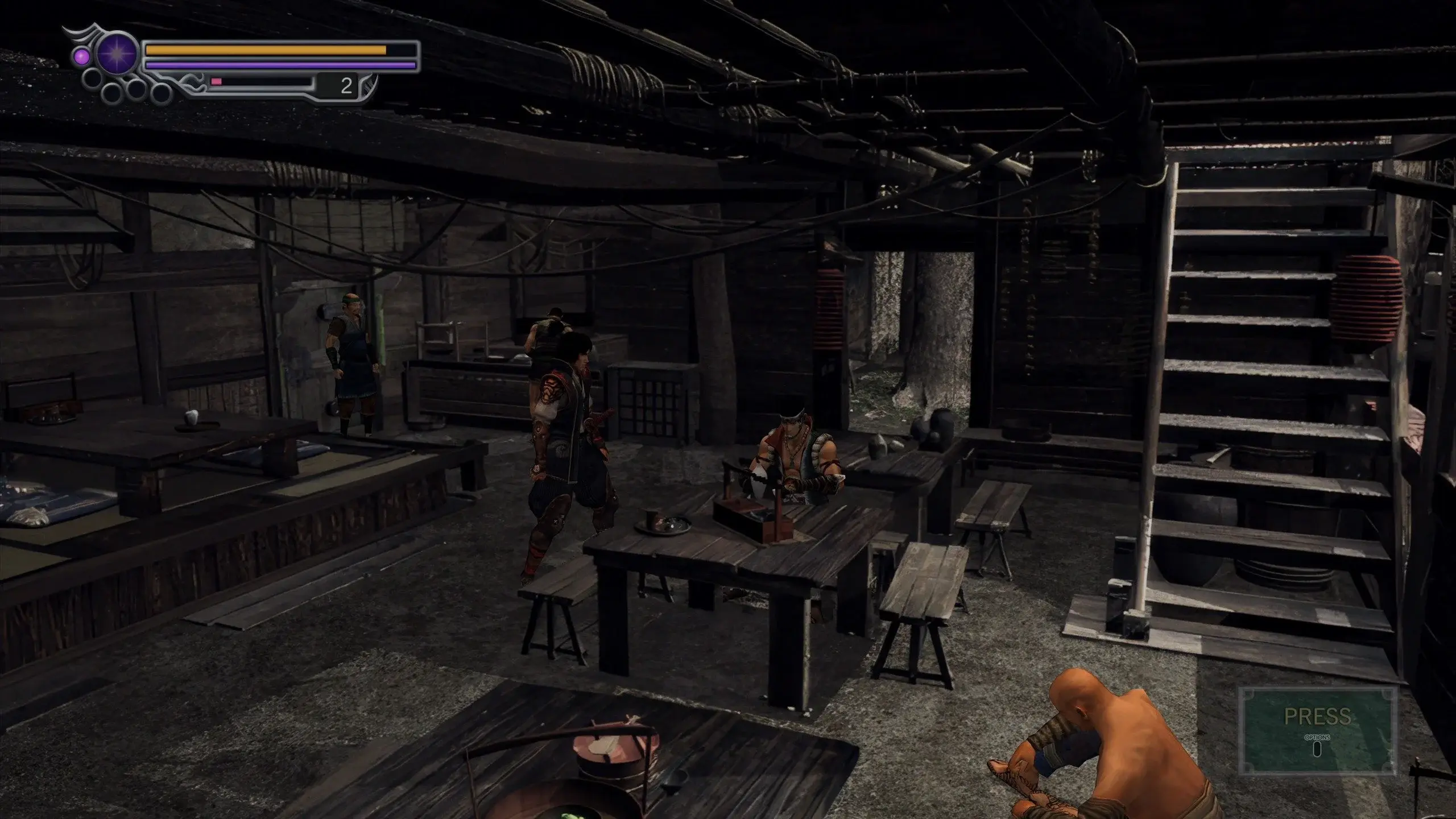 A screenshot showing the inside of a building within Onimusha 2 remaster's hub town.