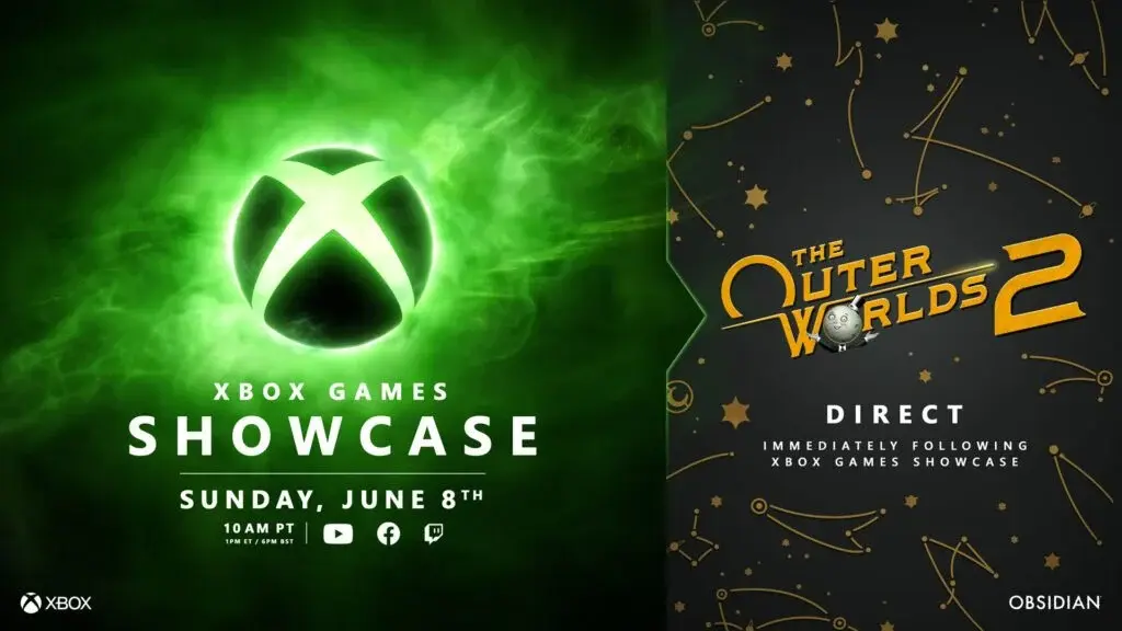 A dual logo image featuring the Xbox Games Showcase 2025 and The Outer Worlds 2.